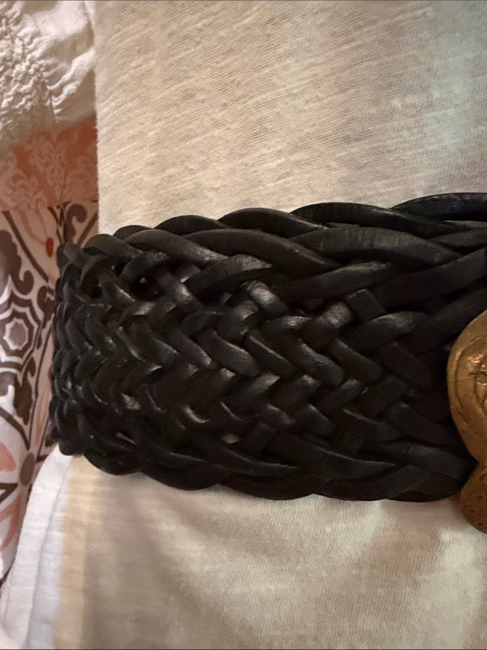 Made in Morocco - Braided Black Leather Belt with Antique Gold Floral Concho 38” - Picture 5 of 6
